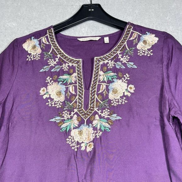 Soft Surroundings Top S Purple Tunic Embroidered Floral Metallic Beaded Boho - Picture 2 of 13